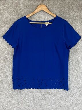 J Crew Blouse Womens Medium Blue Short Sleeve Lightweight Back Button- 4707